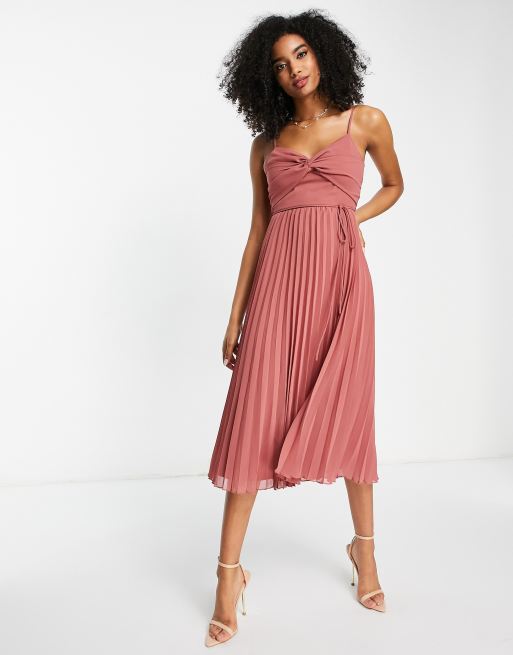 ASOS DESIGN twist front pleated cami midi dress with belt in rose