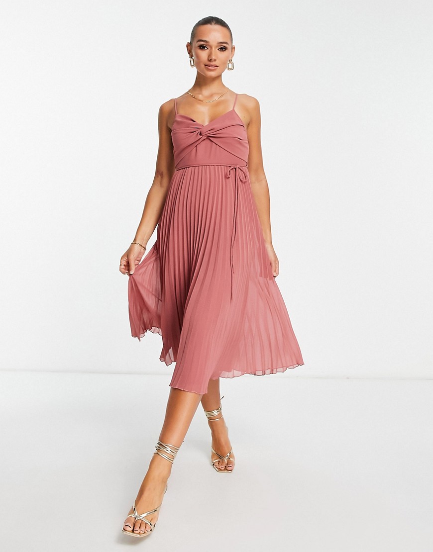 Shop Asos Design Twist Front Pleated Cami Midi Dress With Belt In Rose Pink