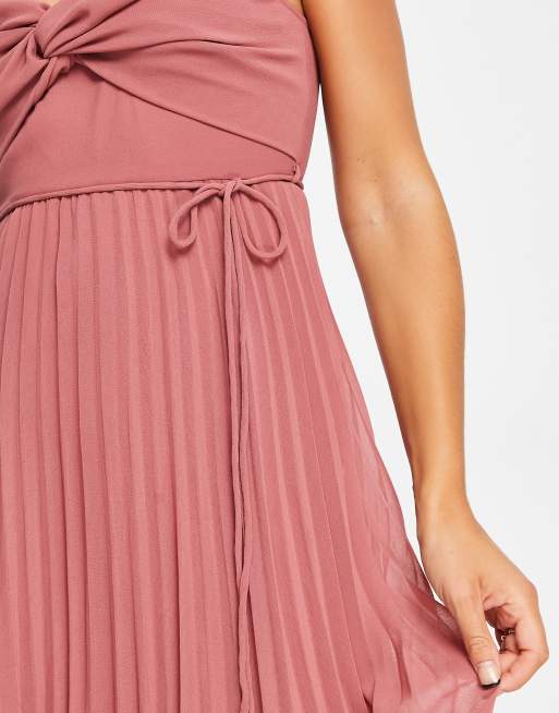 ASOS DESIGN twist front pleated cami midi dress with belt in rose