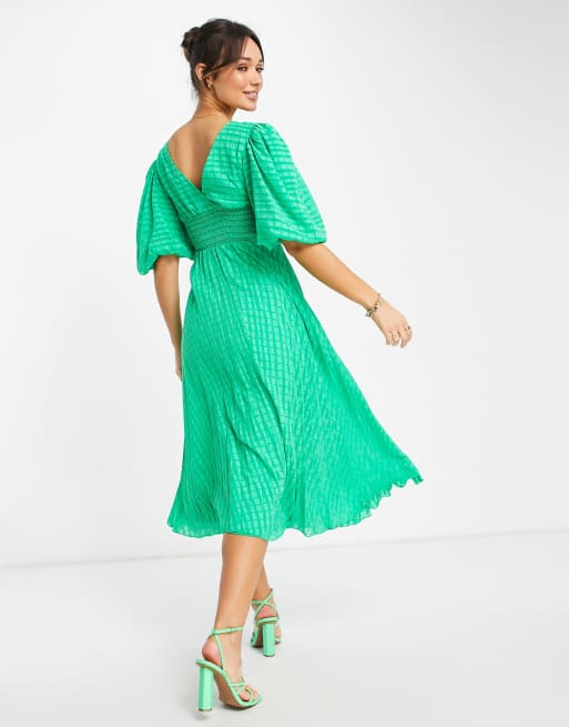 ASOS DESIGN twist front pleated midi skater dress in dobby in emerald green, 2 of 4