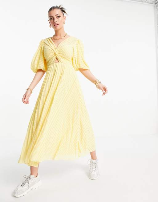 ASOS DESIGN twist front pleated midi skater dress in dobby in lemon yellow