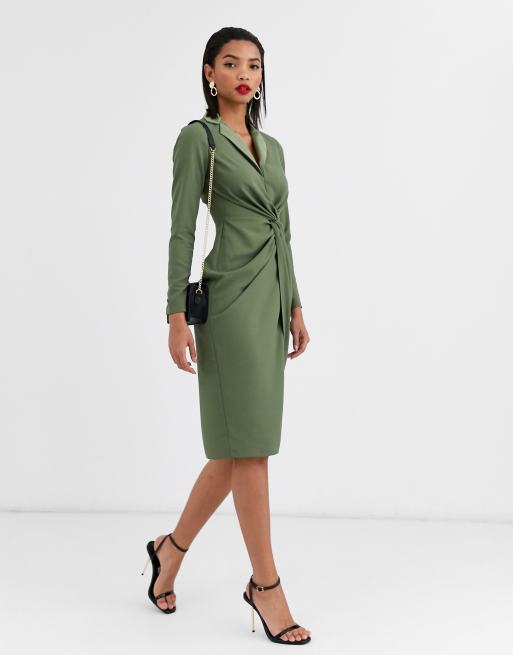 ASOS DESIGN twist front plunge midi shirt dress in khaki | ASOS