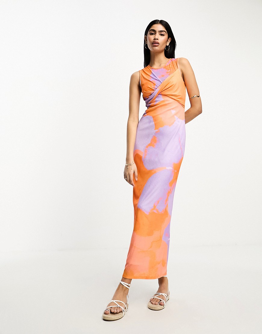 ASOS DESIGN twist front sleeveless midi dress in orange and lilac floral print-Multi