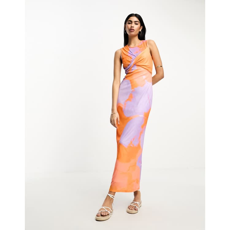 ASOS DESIGN twist front sleeveless midi dress in orange and lilac floral  print | ASOS