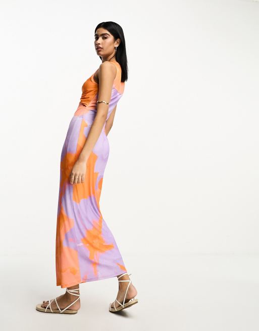 ASOS DESIGN twist front sleeveless midi dress in orange and lilac floral  print | ASOS