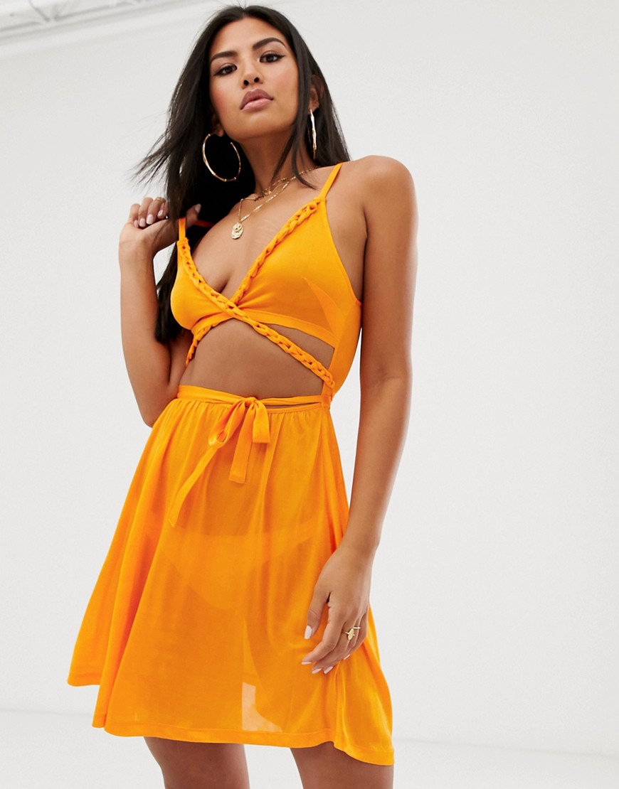 ASOS DESIGN twist front slinky beach sundress in orange pop