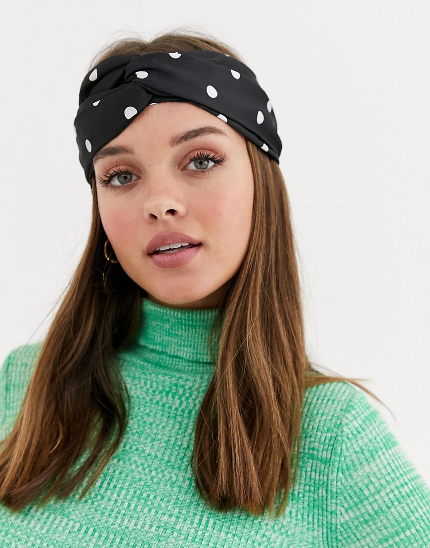 ASOS DESIGN twist front spot headscarf in black and white