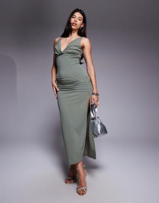 Asos Design Twist Front Structured Maxi Dress In Gray