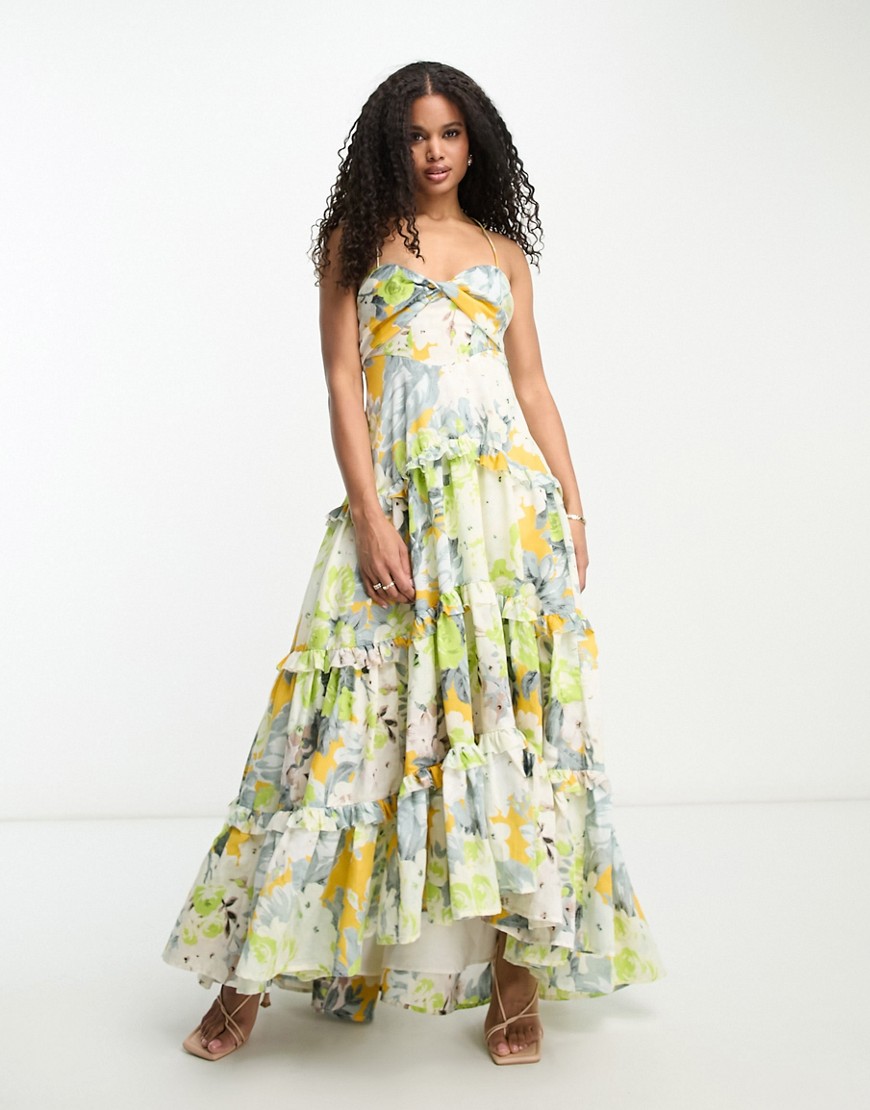 ASOS DESIGN twist front tiered babydoll voile maxi dress with frills and hi low hem in floral print-Multi