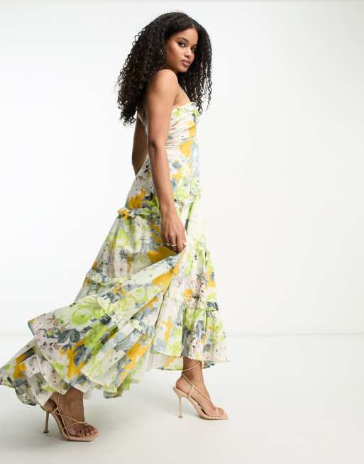 Dropship Beige Crossover Hollow-out Maxi Floral Dress With Slit to