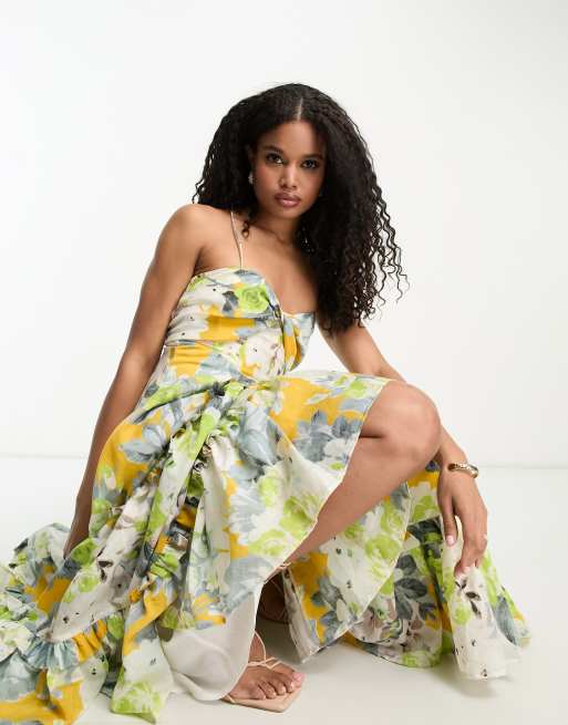 ASOS DESIGN twist front tiered babydoll voile maxi dress with frills and hi  low hem in floral print