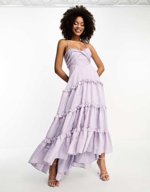 ASOS DESIGN twist front tiered babydoll voile maxi dress with frills and hi  low hem in lilac