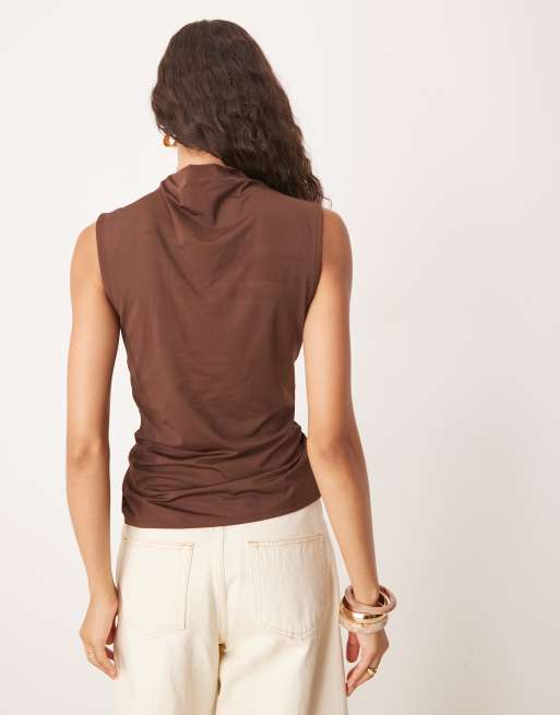 ASOS DESIGN twist front top with grown on neck in brown