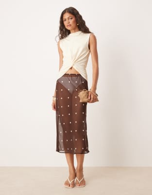 Asos Design Twist Front Top With Grown On Neck In Neutral