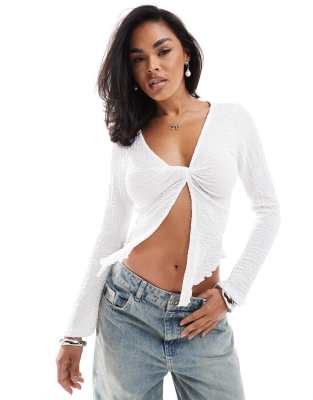 Asos Design Twist Front Top With Long Fluted Sleeves In Ivory-white