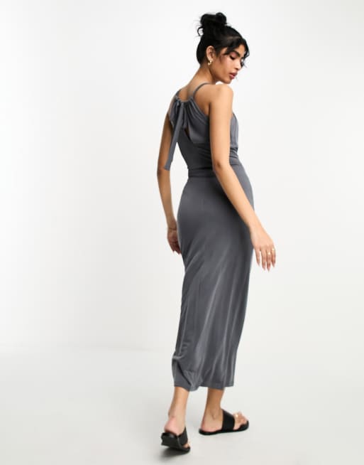 ASOS DESIGN twist bust detail halter maxi dress with tie back neck in  charcoal grey