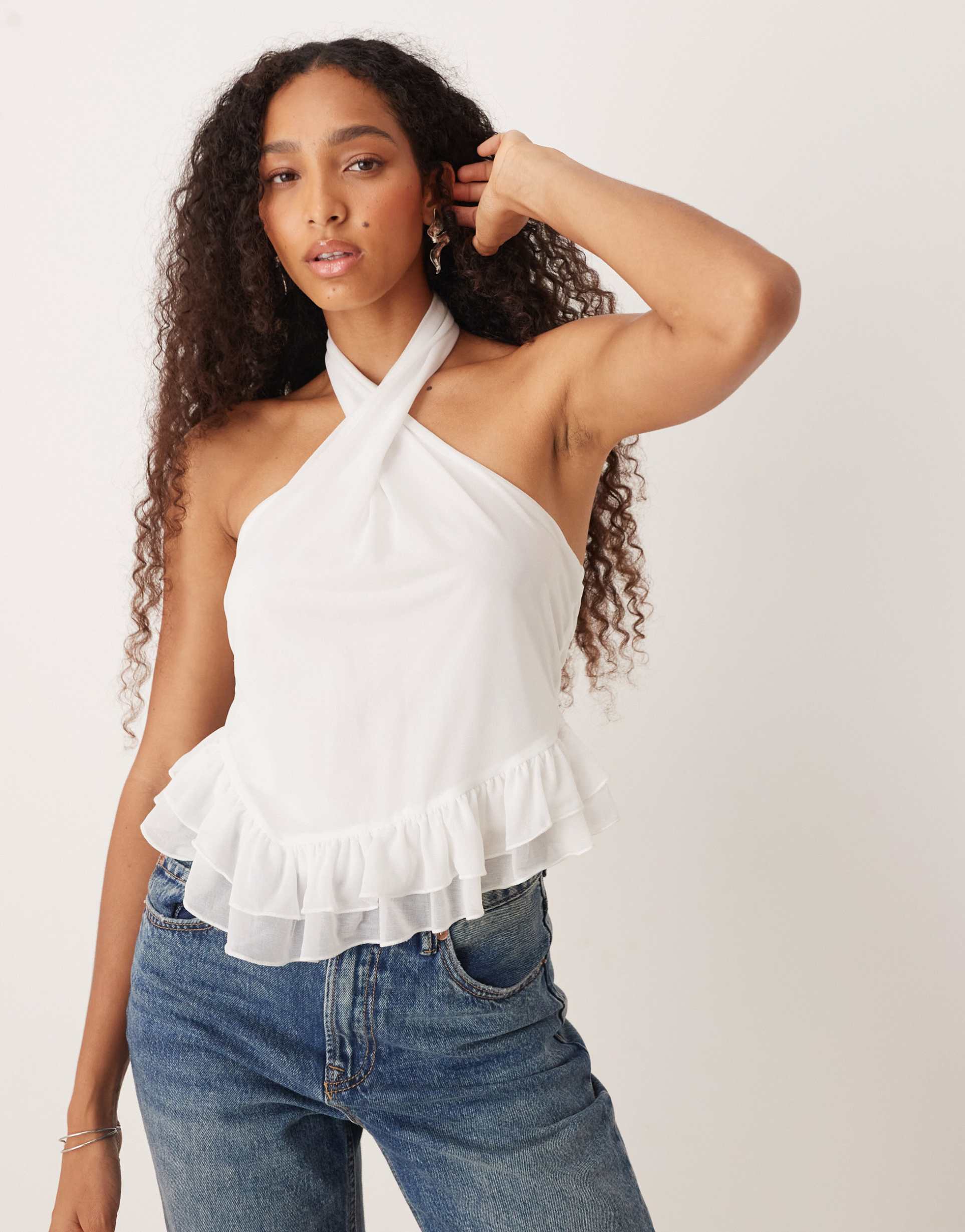 asos design twist halter neck ruffle top in ivory