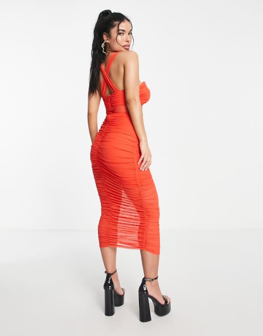 Strappy mesh ruched midaxi hot sale dress