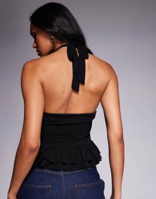 Asos Design Twist Halterneck Ruffle Top In Black