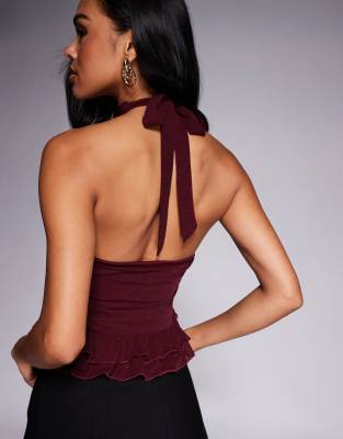 Asos Design Twist Halterneck Ruffle Top In Burgundy