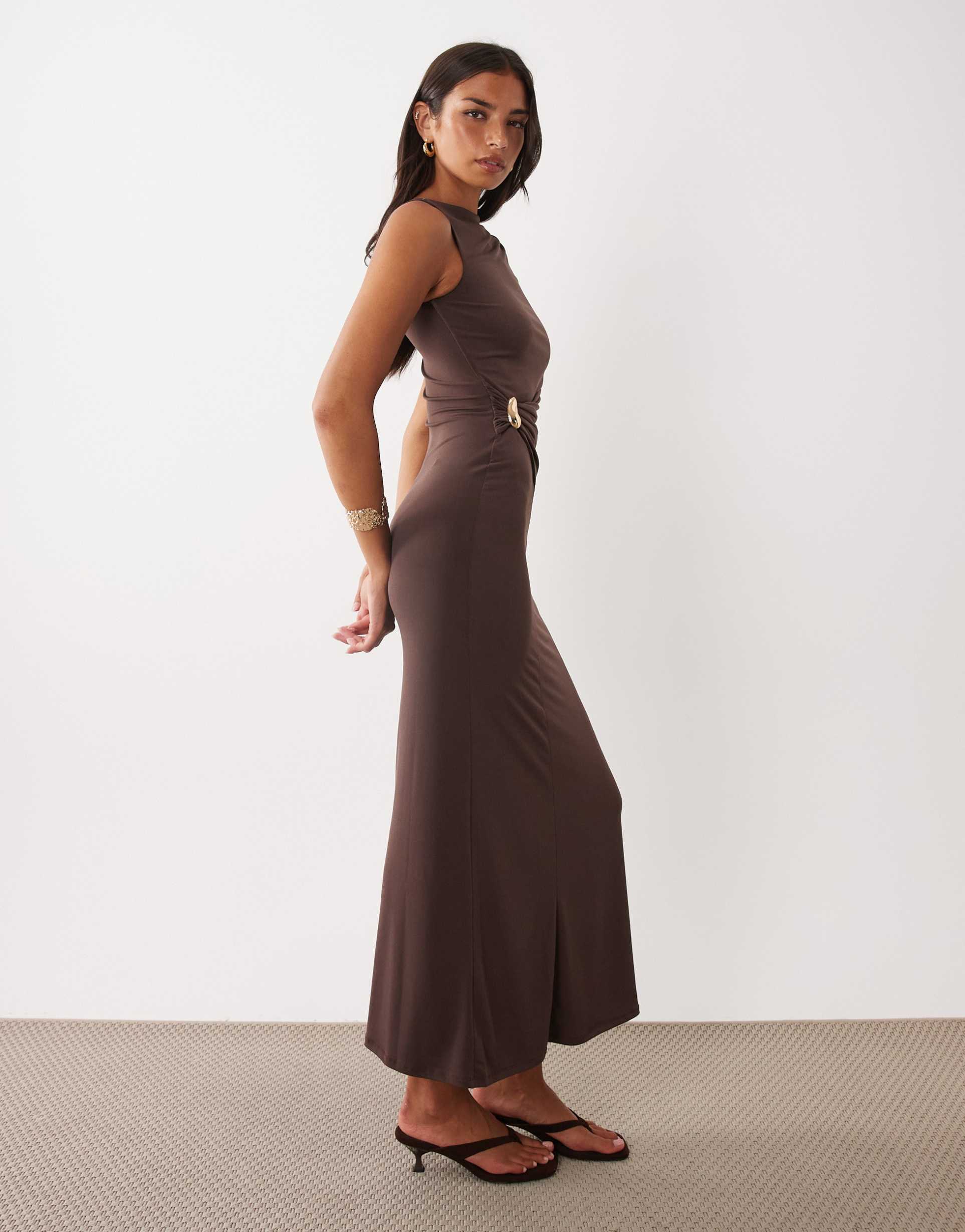 asos design twist hardware detail midi dress in chocolate