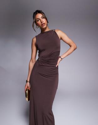 Asos Design Twist Hardware Details Midi Dress In Brown