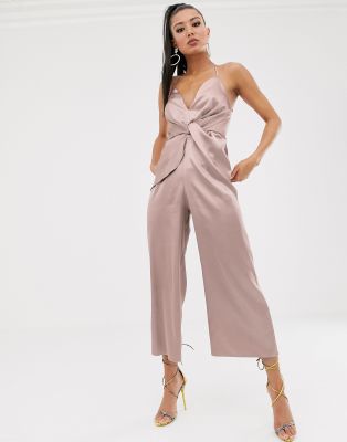 ASOS DESIGN twist knot front strappy satin jumpsuit | ASOS