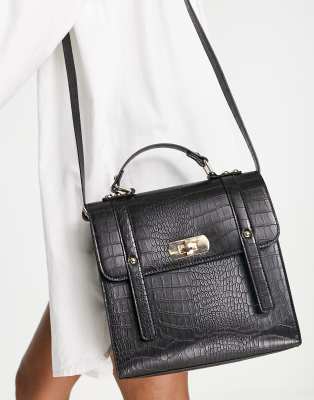 ASOS DESIGN twist lock satchel bag in black croc