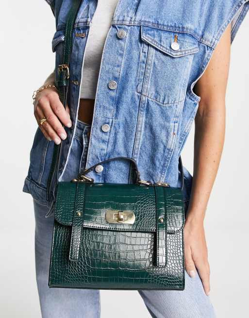 ASOS DESIGN twist lock satchel bag in green croc