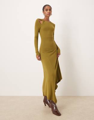 Asos Design Twist Neck Asymmetric Hem Midi Dress In Green