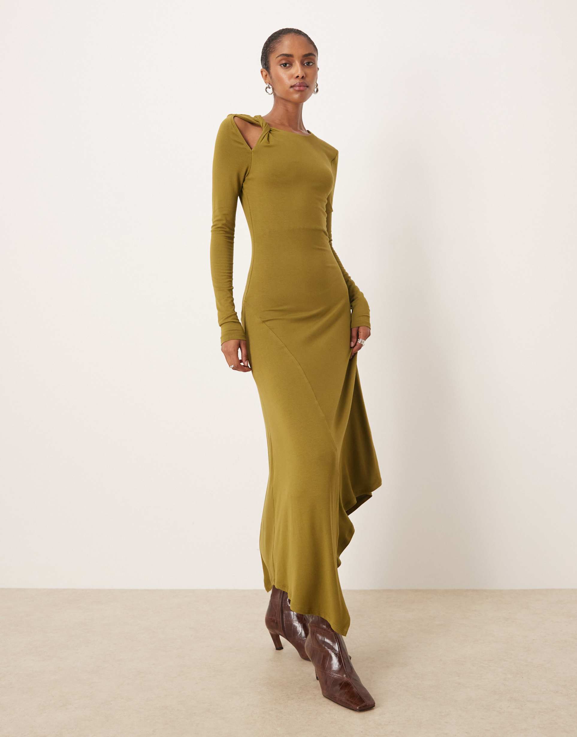 asos design twist neck asymmetric hem midi dress in khaki