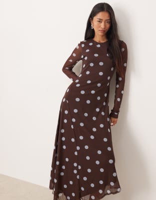 Asos Design Twist Neck Asymmetric Hem Midi Dress In Brown