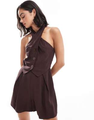 ASOS DESIGN twist neck button through playsuit in chocolate-Brown