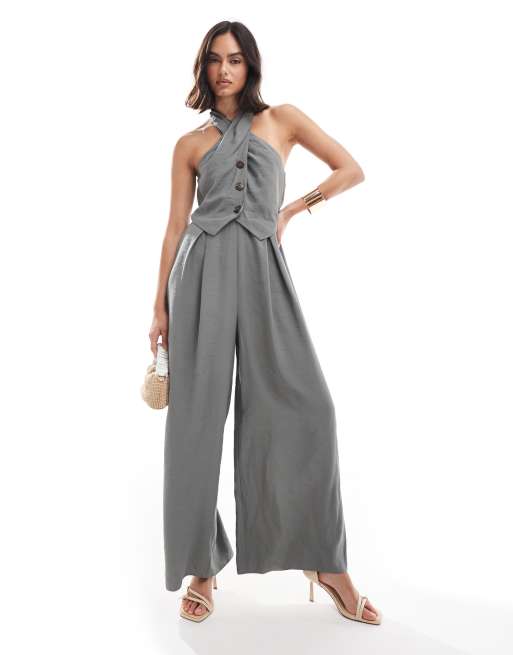 ASOS DESIGN twist neck button up jumpsuit in khaki