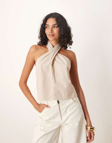 ASOS DESIGN twist neck detail top in gingham - view 1