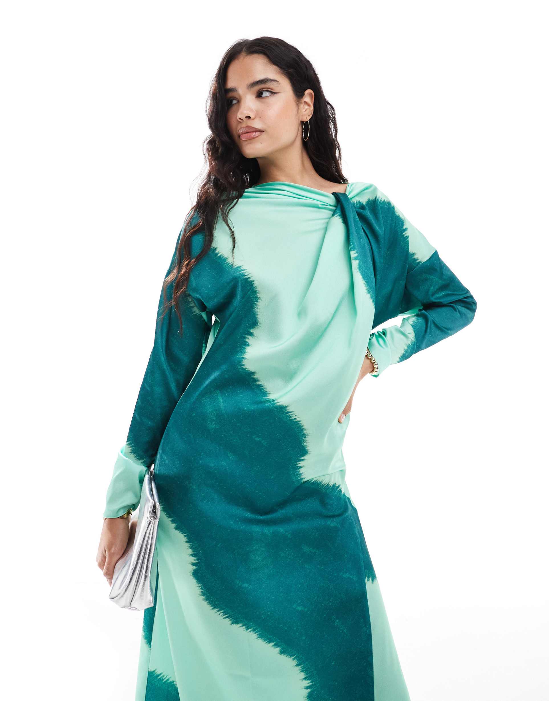 asos design twist neck fallen sleeve satin maxi dress in blurred green stripe