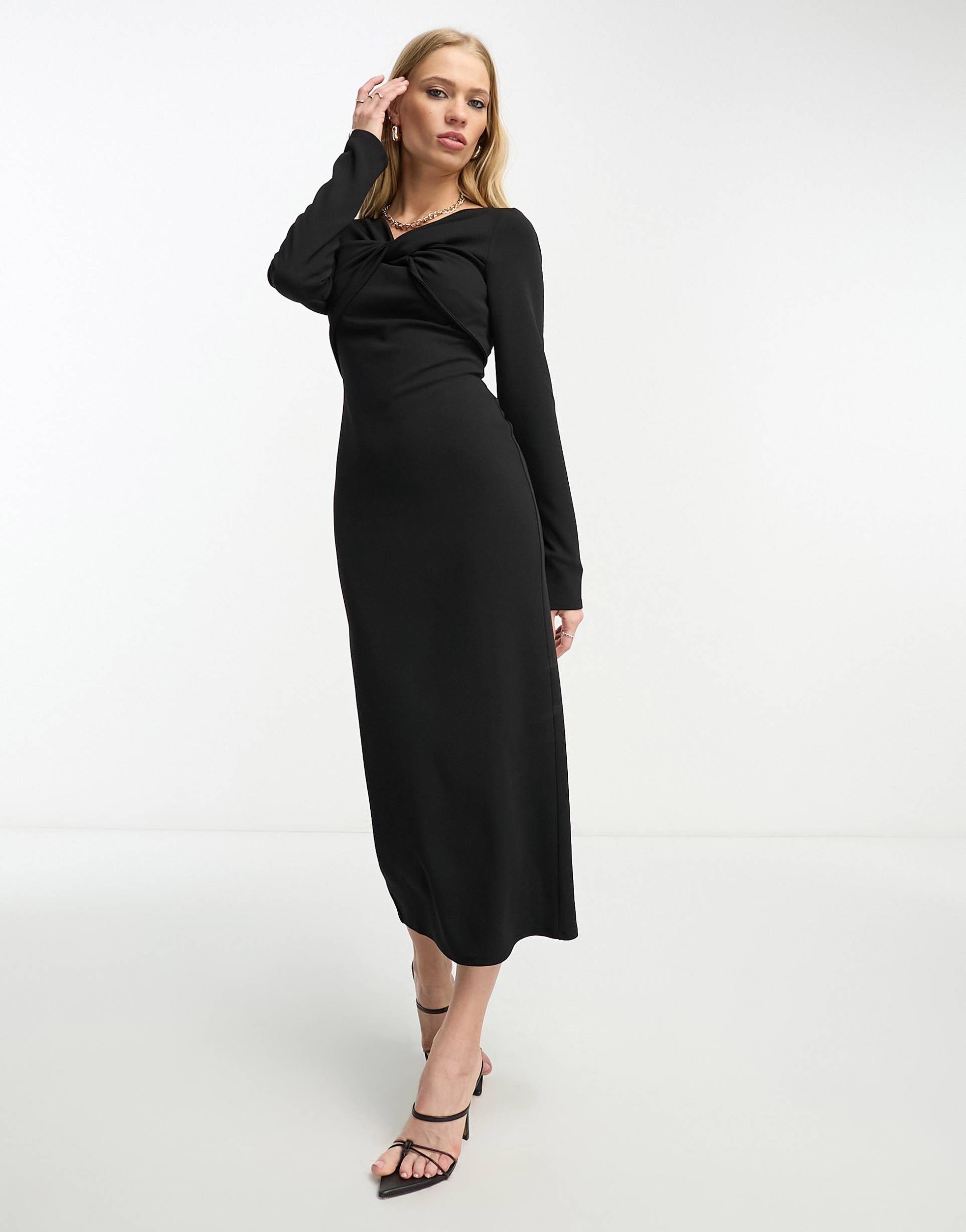 asos design twist neck long sleeve midi dress in black