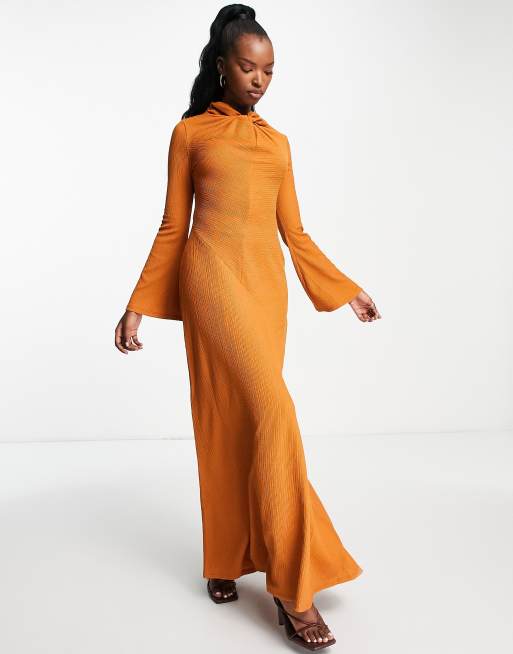 ASOS DESIGN twist neck long sleeve textured maxi dress in rust