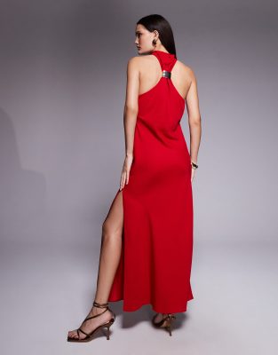 Asos Design Twist Neck Midi Dress With Hardware Trim In Red