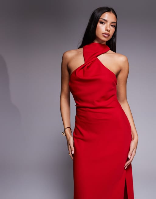 ASOS DESIGN twist neck midi dress with hardware trim in cherry red