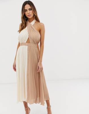 beige colour block pleated midi dress