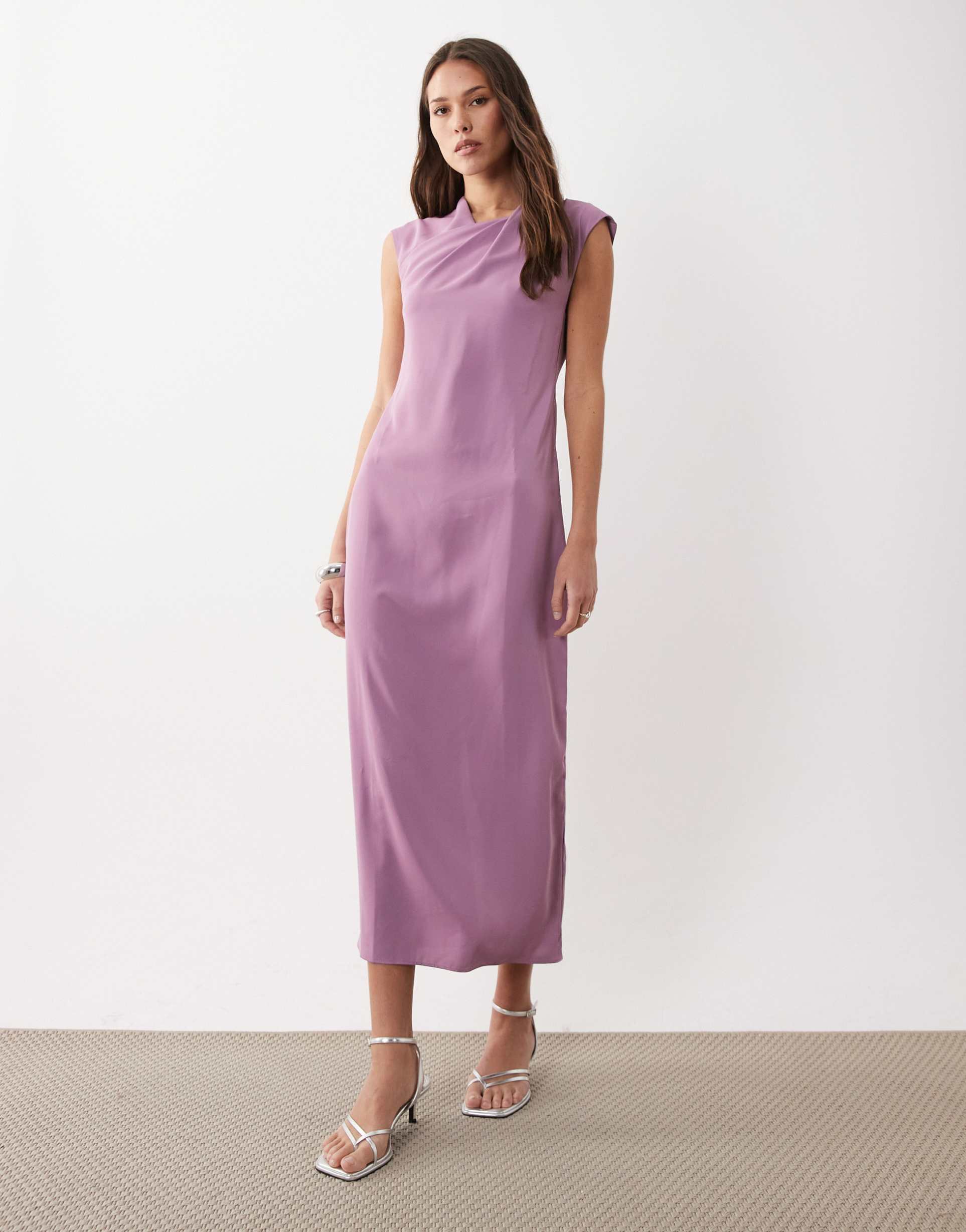 asos design twist neck slinky midi dress in lilac