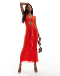 [ASOS DESIGN] ASOS DESIGN twist neckline maxi dress with gauged skirt and waterfall front detail in red 6 Red