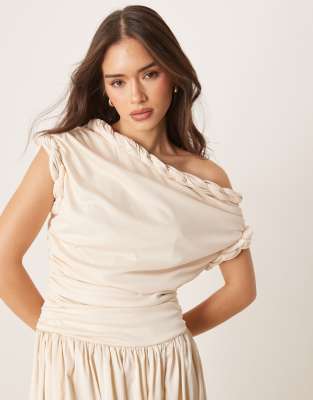 Asos Design Twist Neckline Ruched Bodice With Satin Skirt Midi Dress In White