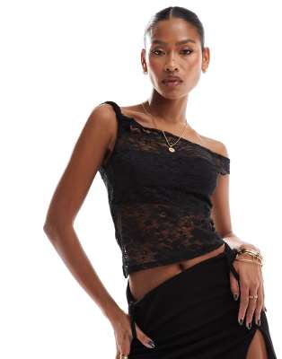 ASOS DESIGN twist off shoulder asymmetric top in black lace