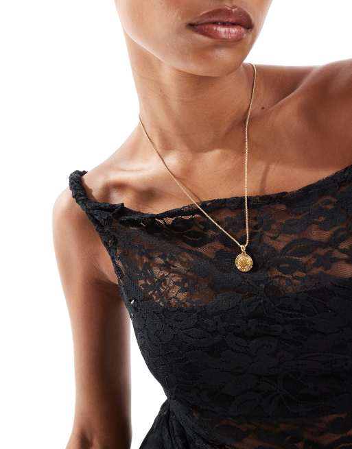 ASOS DESIGN twist off the shoulder asymmetric top in black lace