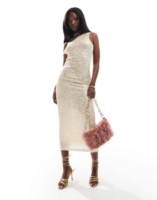 ASOS DESIGN twist off shoulder sequin midi dress in pale gold | ASOS