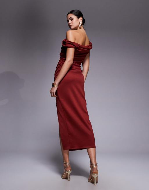 ASOS DESIGN twist off the shoulder bodycon midi dress in burgundy, 3 of 4