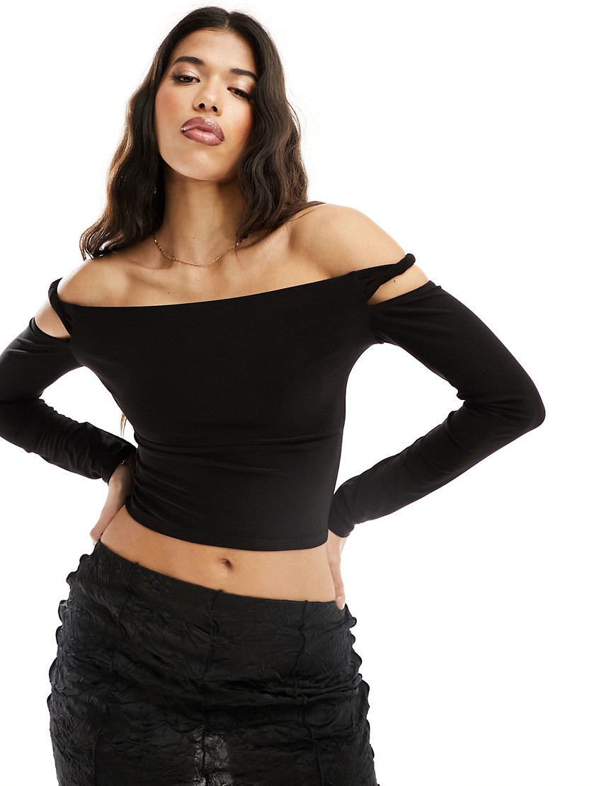 ASOS DESIGN twist off the shoulder long sleeve top with cut outs in black