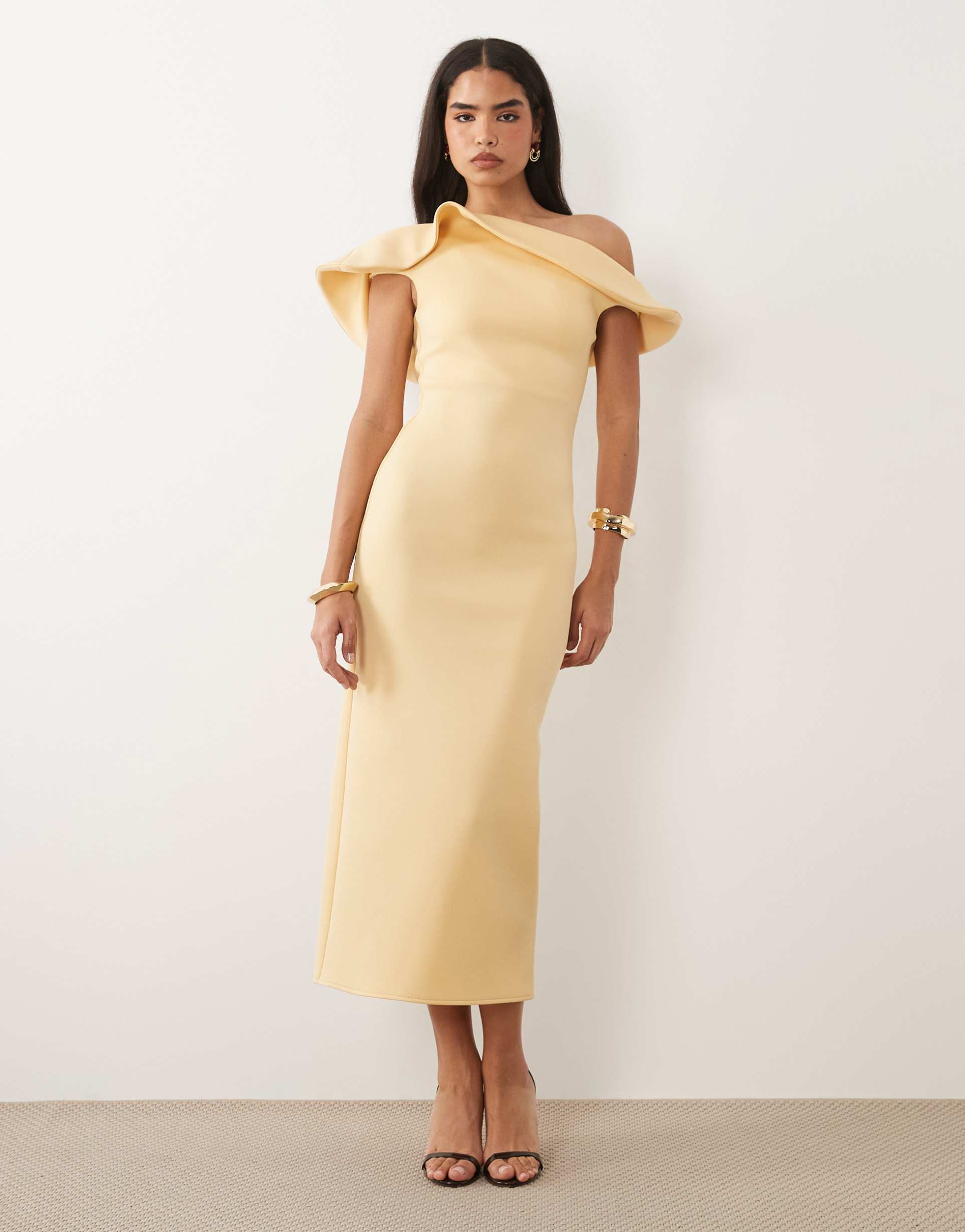 asos design twist off the shoulder midi dress in butter yellow scuba-style fabric